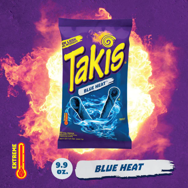 Takis Blue Heat Rolled Tortilla Chips, Hot Chili Pepper Artificially Flavored, 9.9 Ounce Bag