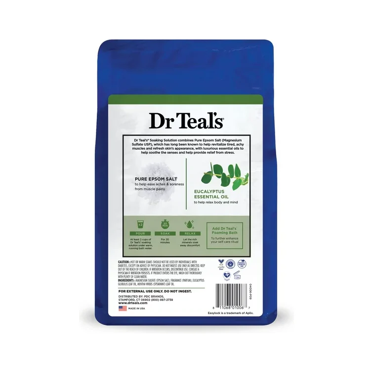 Dr Teal's Pure Epsom Salt Soaking Solution, Relax & Relief with Eucalyptus Spearmint, 3 lb