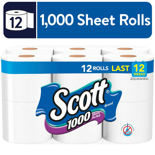 Scott 1,000 Toilet Paper, 12 Rolls, 1,000 Sheets per Roll