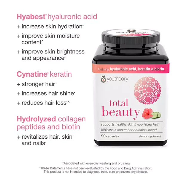 Youtheory Total Beauty Hyaluronic Acid, Keratin & Biotin Capsules (90 ct.)