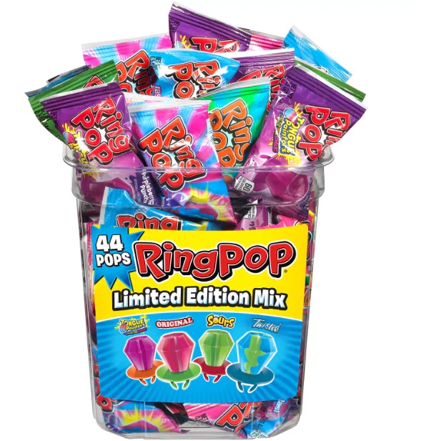 Ring Pop Assorted Flavors Lollipops Candy Tub Bulk Variety Pack (0.5 oz., 44 ct.)