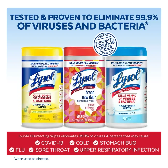 Lysol Disinfectant Wipes Bundle, Multi-Surface Antibacterial Cleaning Wipes, For Disinfecting & Cleaning, contains x2 Lemon & Lime Blossom (160ct) x1 Crisp Linen (80ct) & x1 Mango & Hibiscus (80ct)
