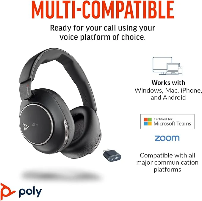Poly Voyager Surround 85 UC Noise Canceling Wireless Over-Ear Headset Wih Charging Stand (ANC) MPN 8G7T7AA