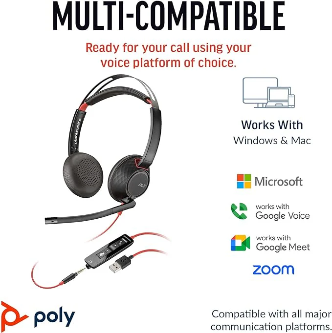 Poly / Plantronics Blackwire 5220 Binaural Headset With 3.5mm Connectivity (USB-C/A Adapter) MPN 8X231AA