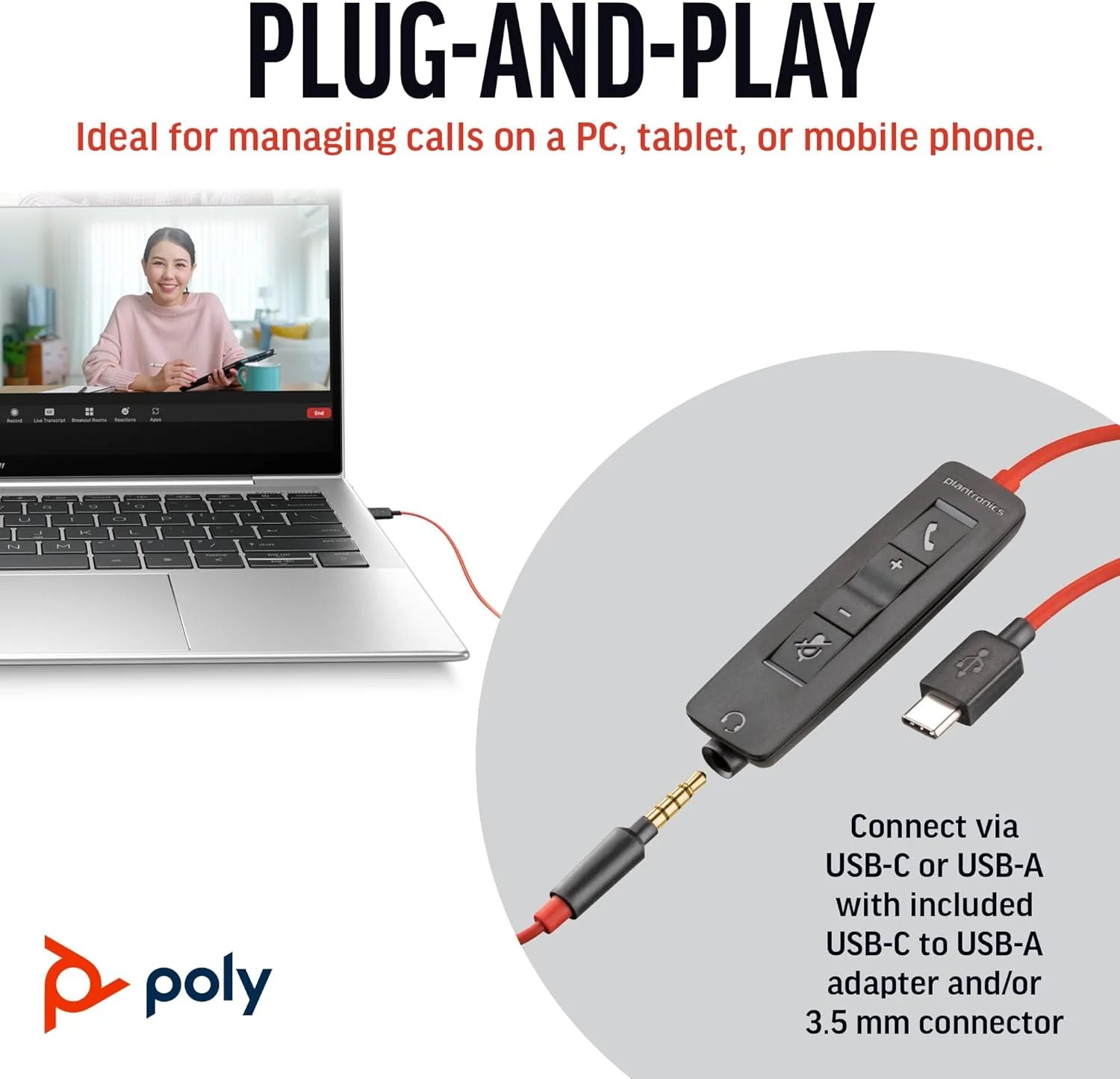 Poly / Plantronics Blackwire 3315 USB-A/C and 3.5mm Mono Headset MPN 8X217AA
