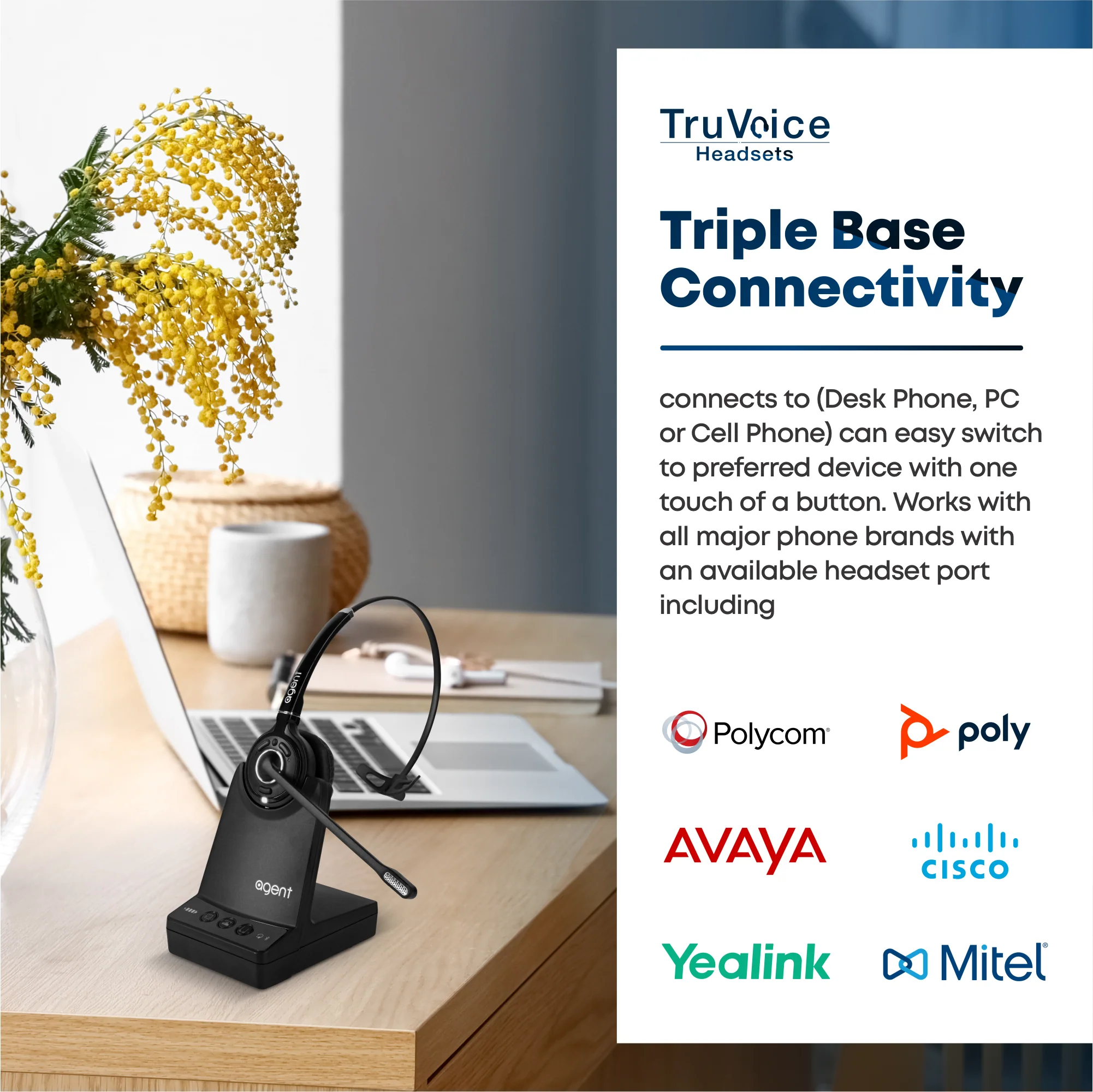 TruVoice Agent AW70 Mono Wireless Dect Headset (Triple Connectivity) - MPN: AG22-0762