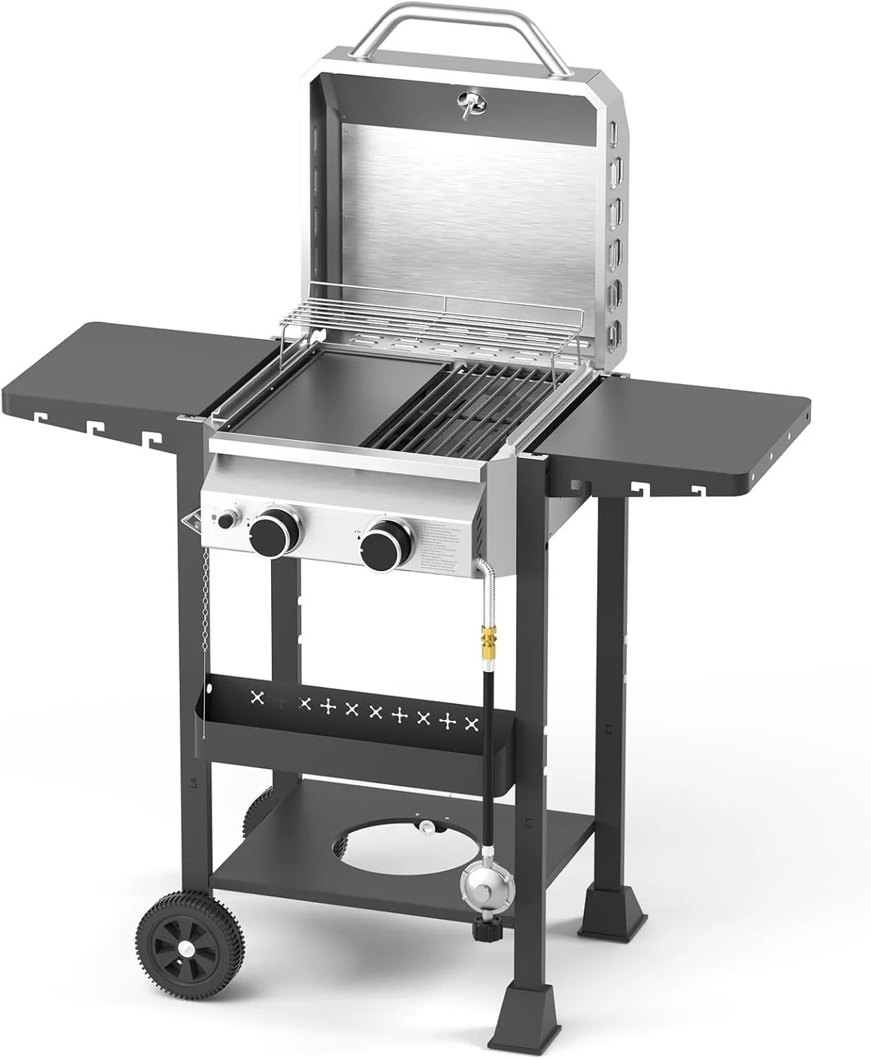 Propane Gas BBQ Grill 2-Burner Barbecue Grills with Cast Iron Frying Pan and Grates Combo