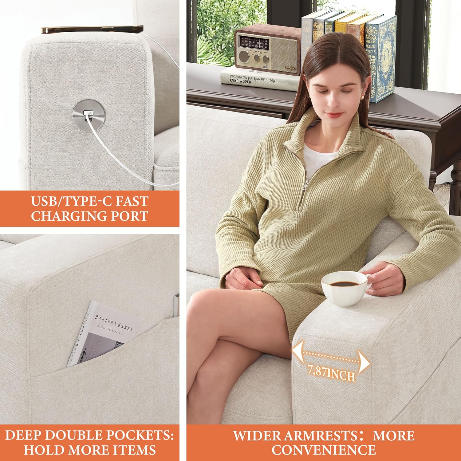 111.4 Inch L Shaped Modern Sofa Modular Cloud Sofa with Ottoman 4 Seater Chenille Deep Seat Sofa