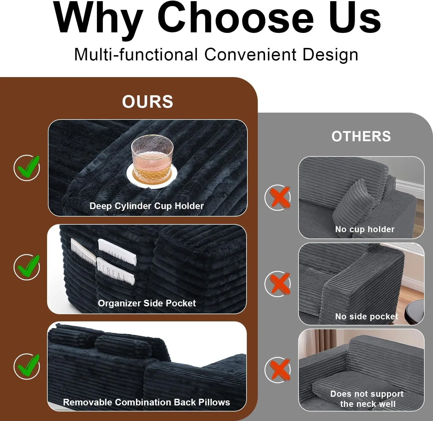 Cloud Sectional Couch with L Shape Chaise Modern Modular Sofa with Deep Seat Built in Cup Holder