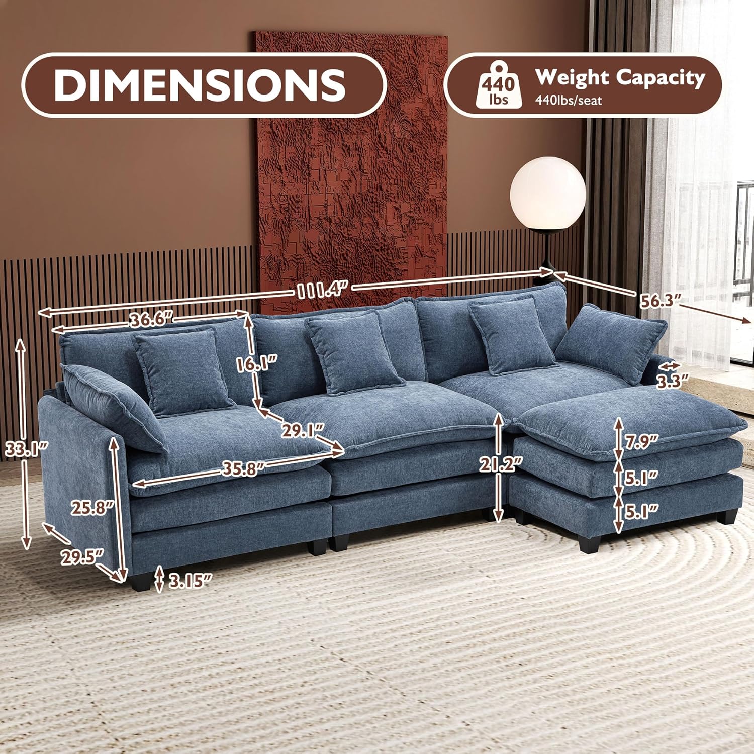 111.4 Inch L Shaped Modern Sofa Modular Cloud Sofa with Ottoman 4 Seater Chenille Deep Seat Sofa