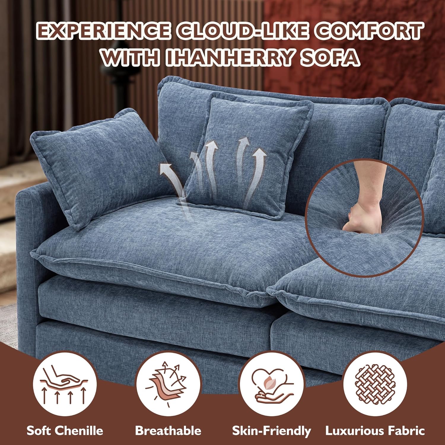 111.4 Inch L Shaped Modern Sofa Modular Cloud Sofa with Ottoman 4 Seater Chenille Deep Seat Sofa