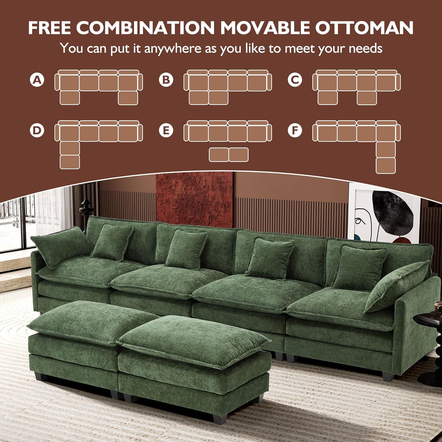 111.4 Inch L Shaped Modern Sofa Modular Cloud Sofa with Ottoman 4 Seater Chenille Deep Seat Sofa