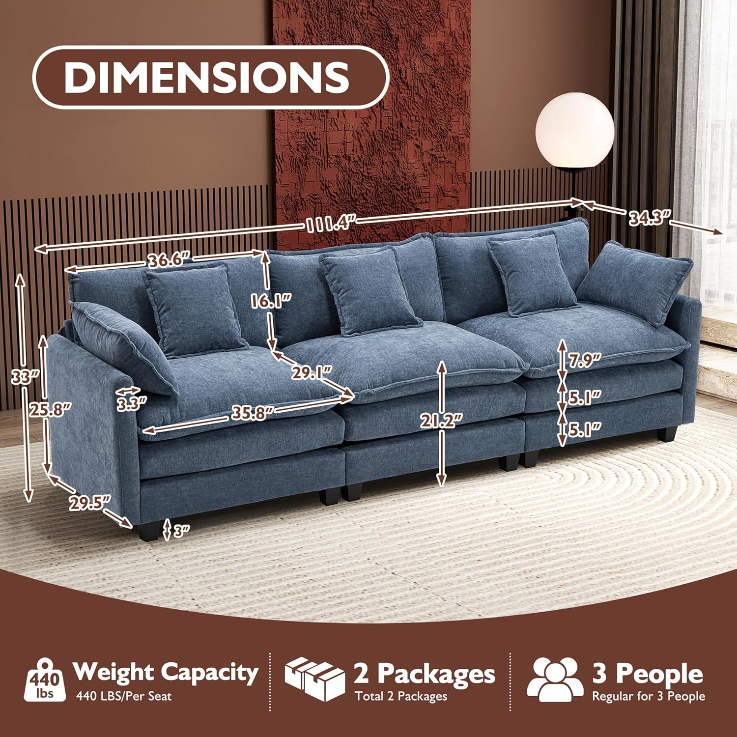 111.4 Inch L Shaped Modern Sofa Modular Cloud Sofa with Ottoman 4 Seater Chenille Deep Seat Sofa