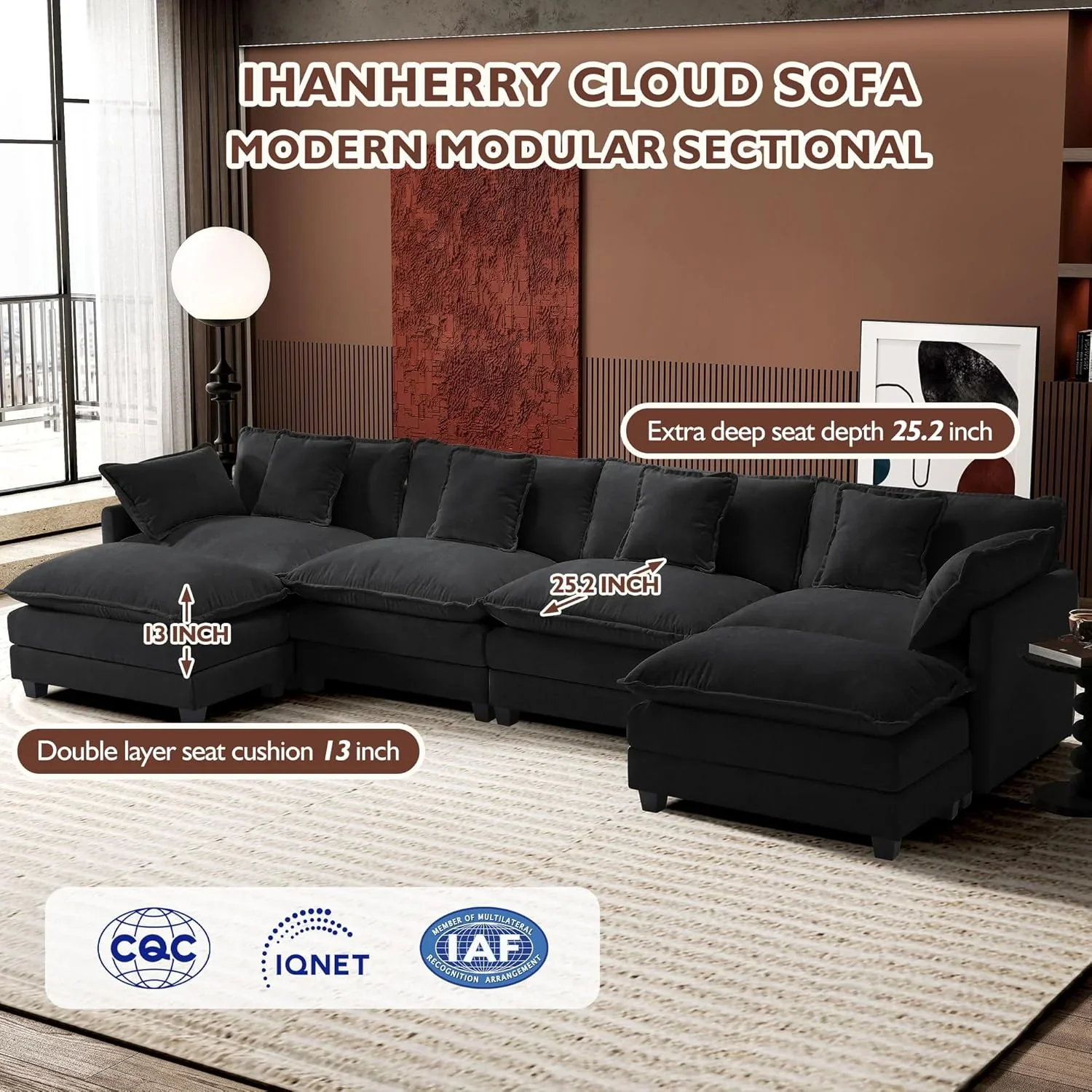 111.4 Inch L Shaped Modern Sofa Modular Cloud Sofa with Ottoman 4 Seater Chenille Deep Seat Sofa