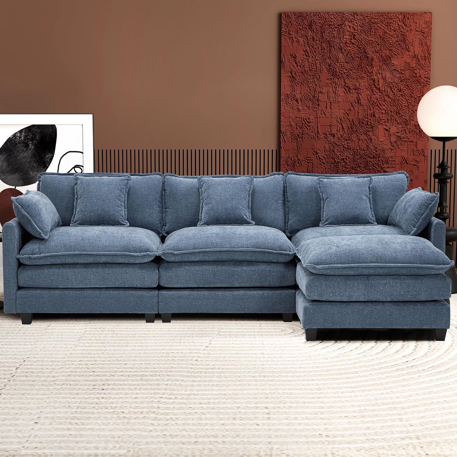 111.4 Inch L Shaped Modern Sofa Modular Cloud Sofa with Ottoman 4 Seater Chenille Deep Seat Sofa
