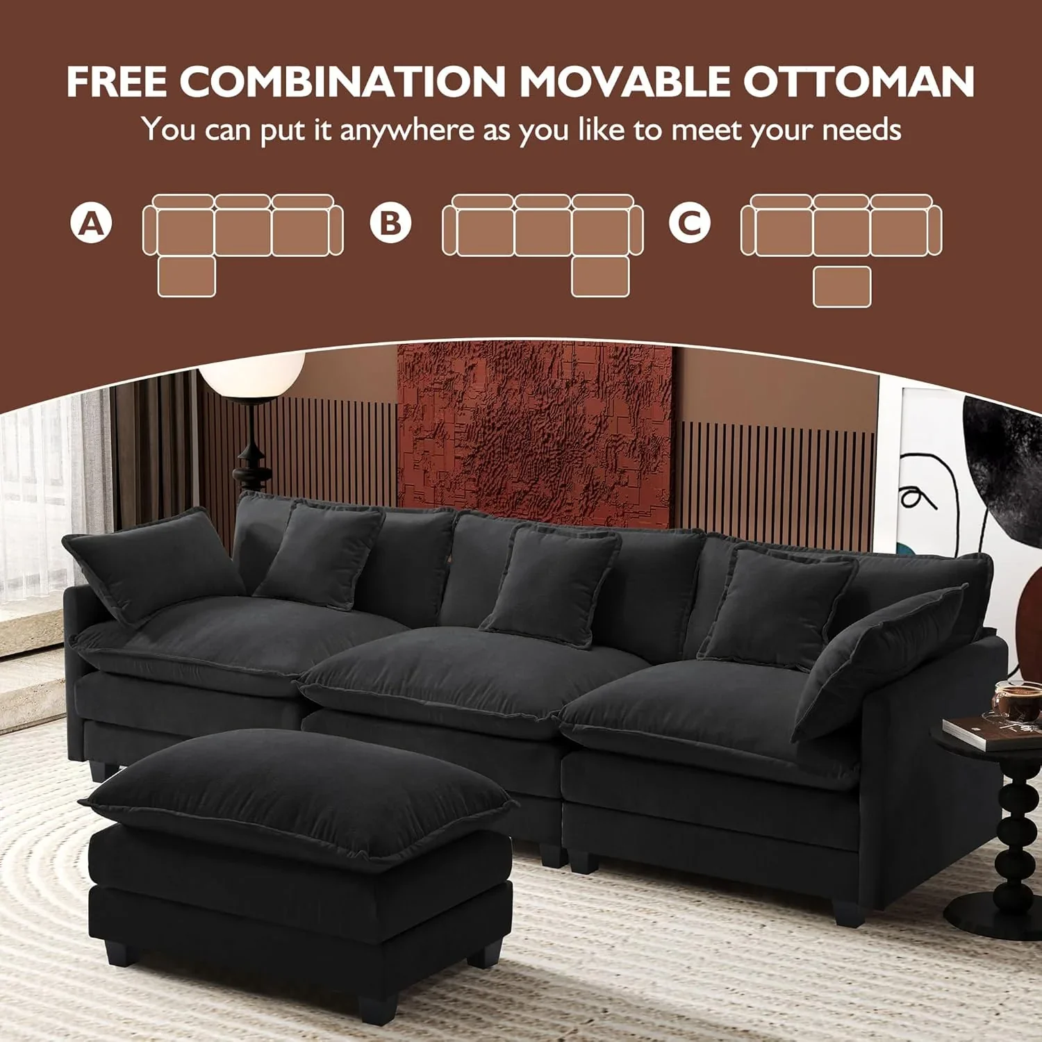 111.4 Inch L Shaped Modern Sofa Modular Cloud Sofa with Ottoman 4 Seater Chenille Deep Seat Sofa