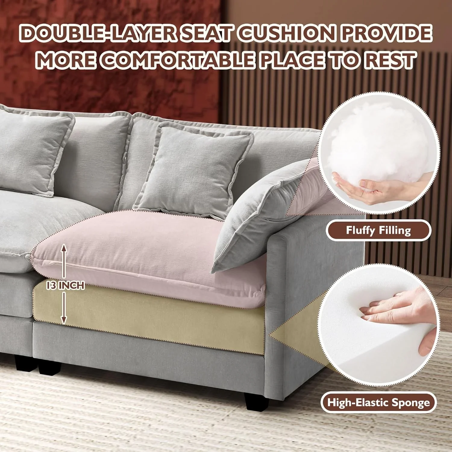 111.4 Inch L Shaped Modern Sofa Modular Cloud Sofa with Ottoman 4 Seater Chenille Deep Seat Sofa