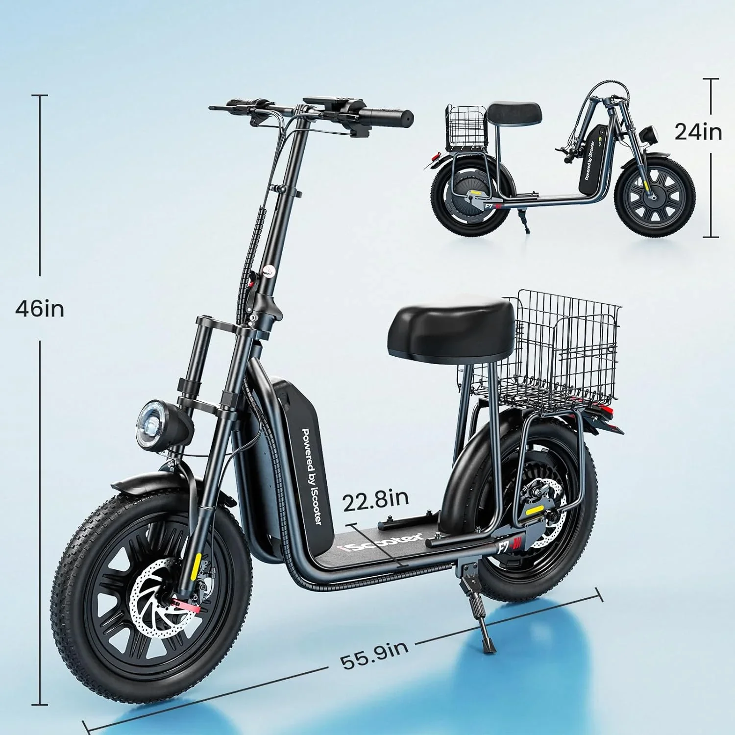 iScooter electric scooter with seat 28/19/15.6 mph top speed dual suspension scooter