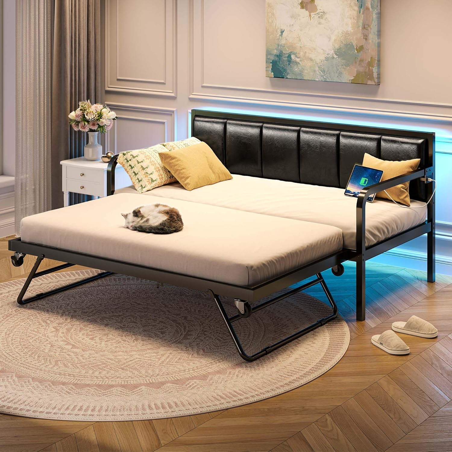 Rolanstar Daybed with Charging Station and LED Lights Height Adjustable Twin Daybed