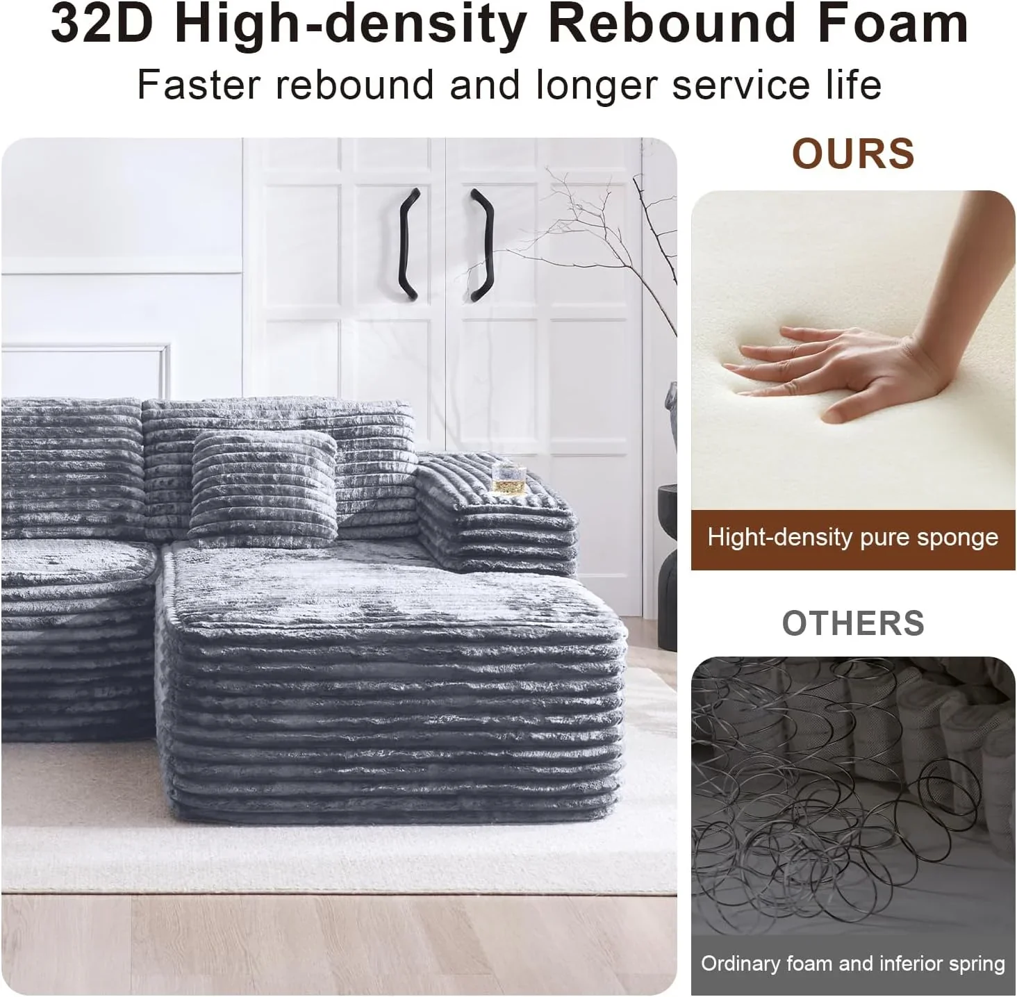 Cloud Sectional Couch with L Shape Chaise Modern Modular Sofa with Deep Seat Built in Cup Holder