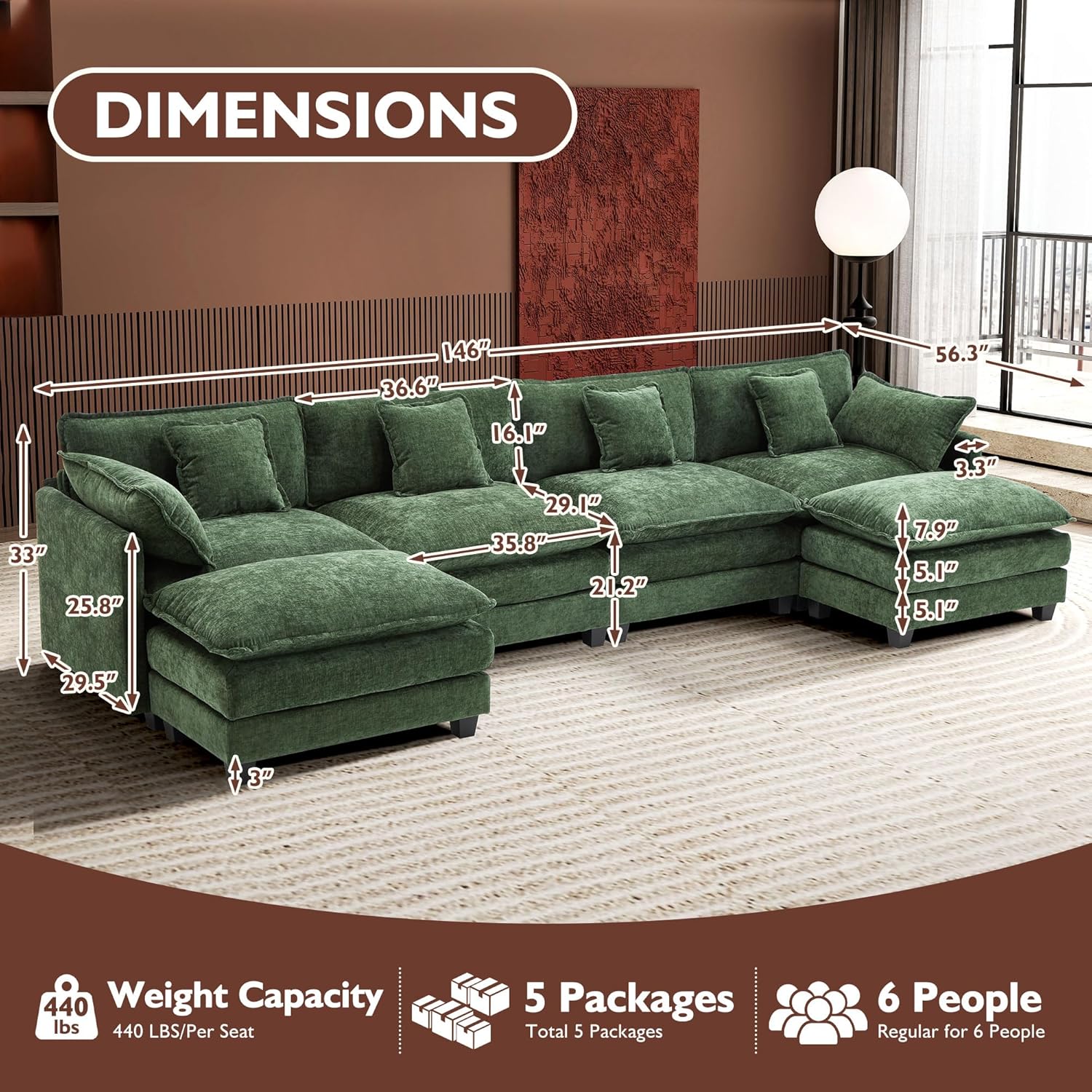 111.4 Inch L Shaped Modern Sofa Modular Cloud Sofa with Ottoman 4 Seater Chenille Deep Seat Sofa