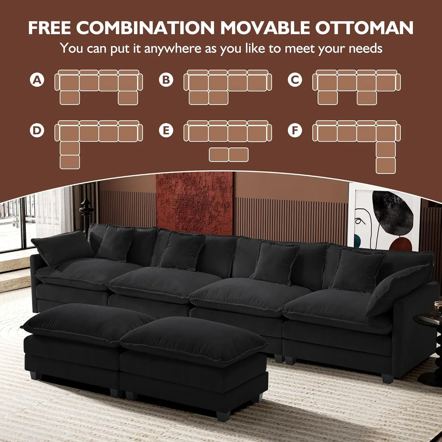 111.4 Inch L Shaped Modern Sofa Modular Cloud Sofa with Ottoman 4 Seater Chenille Deep Seat Sofa