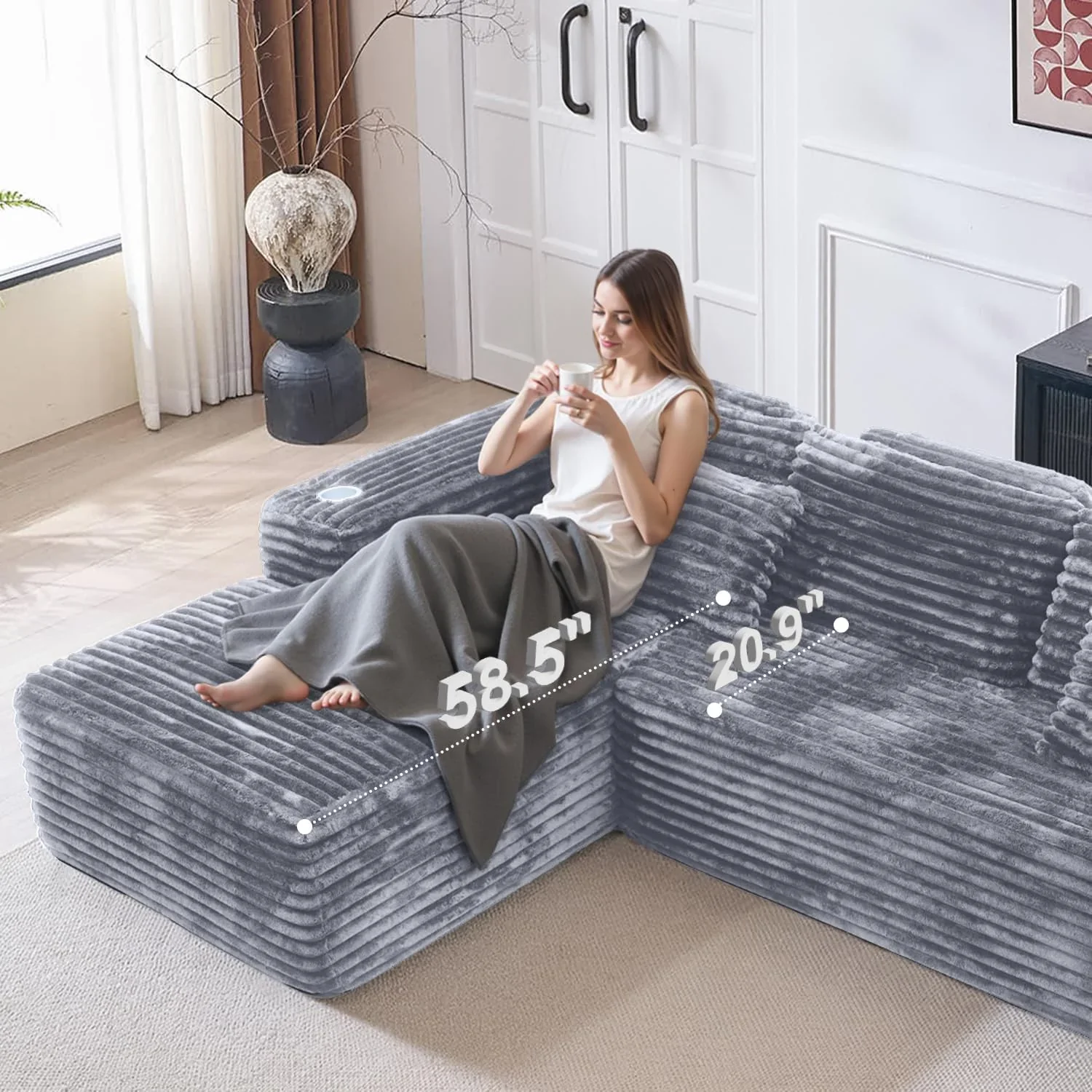 Cloud Sectional Couch with L Shape Chaise Modern Modular Sofa with Deep Seat Built in Cup Holder