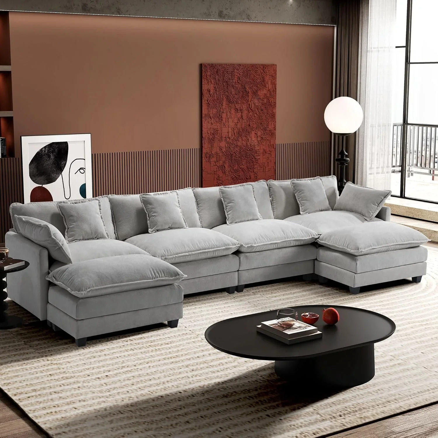 111.4 Inch L Shaped Modern Sofa Modular Cloud Sofa with Ottoman 4 Seater Chenille Deep Seat Sofa