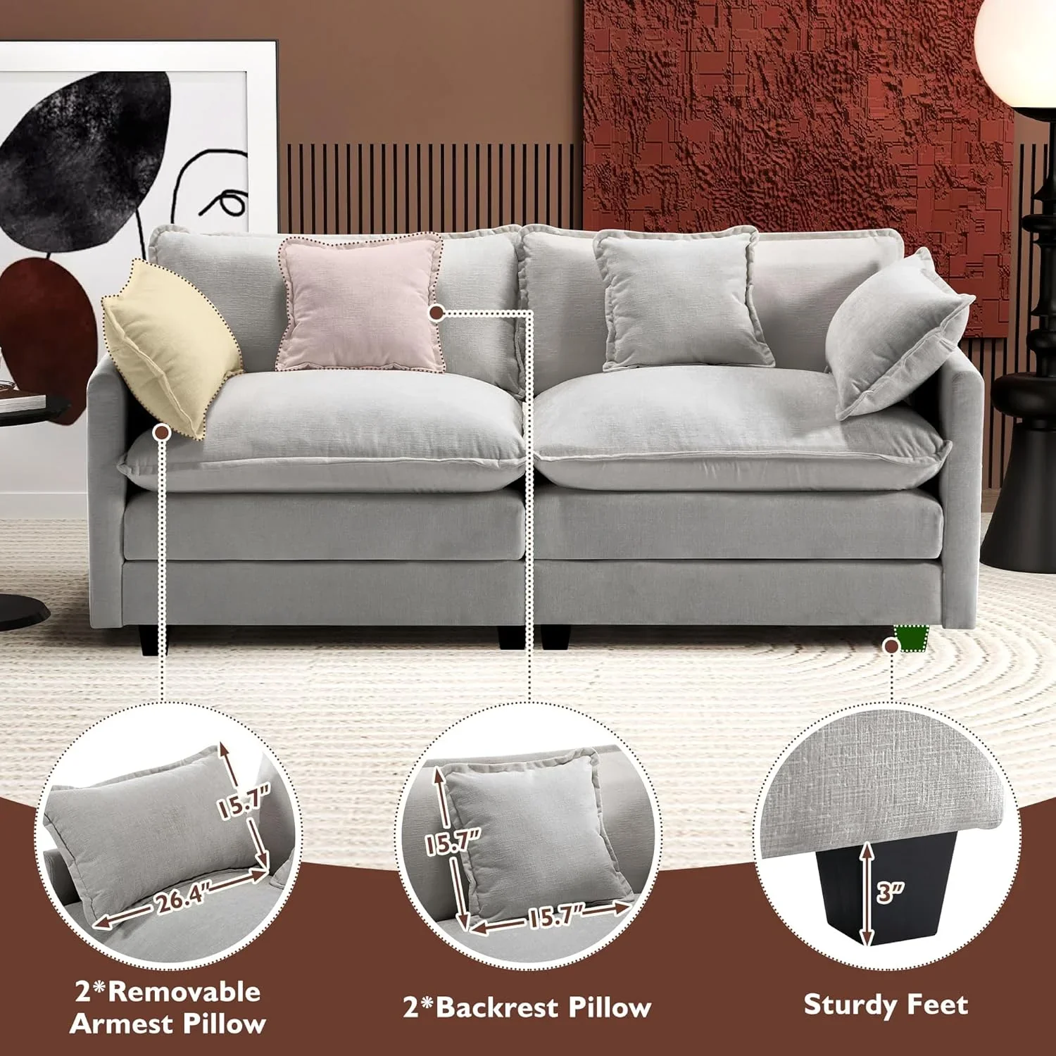111.4 Inch L Shaped Modern Sofa Modular Cloud Sofa with Ottoman 4 Seater Chenille Deep Seat Sofa