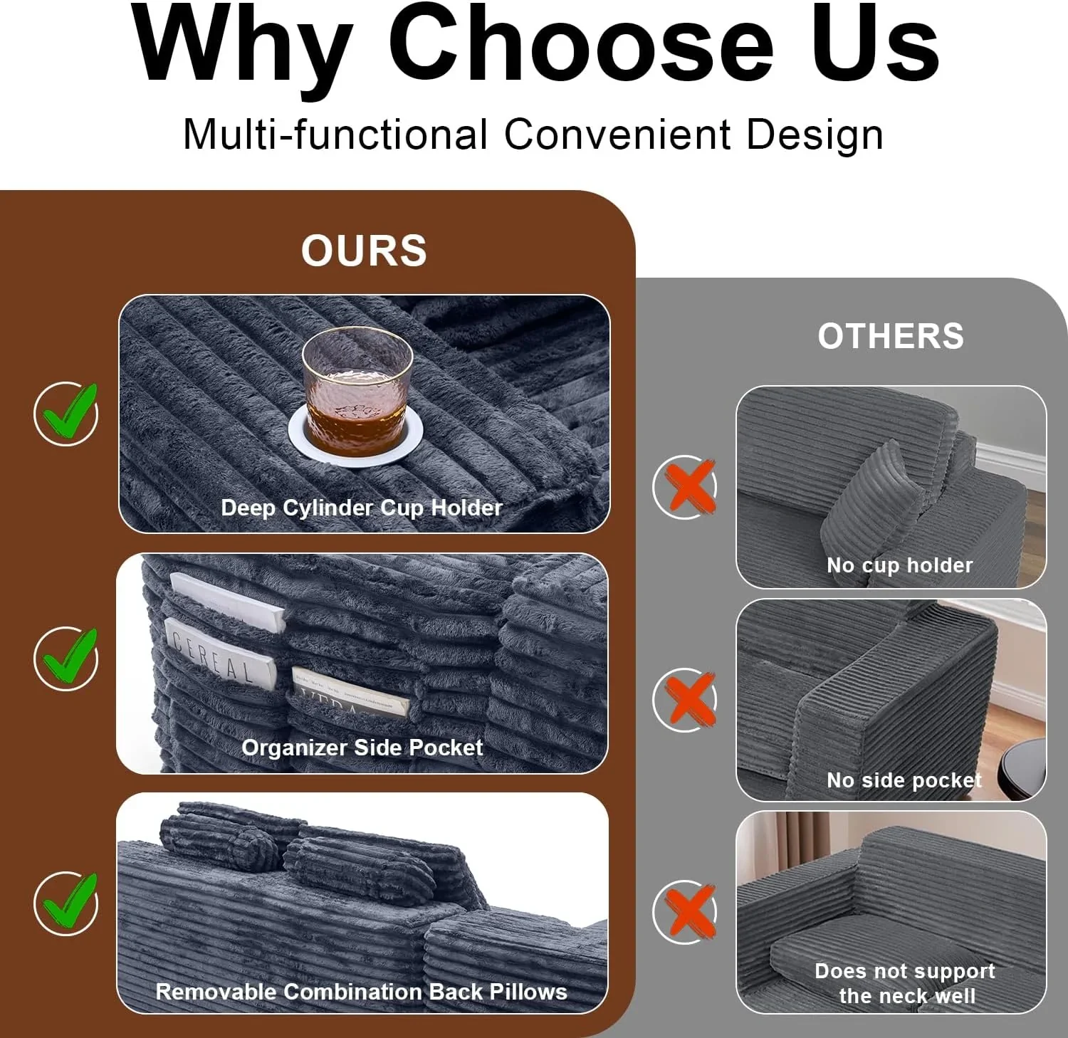 Cloud Sectional Couch with L Shape Chaise Modern Modular Sofa with Deep Seat Built in Cup Holder