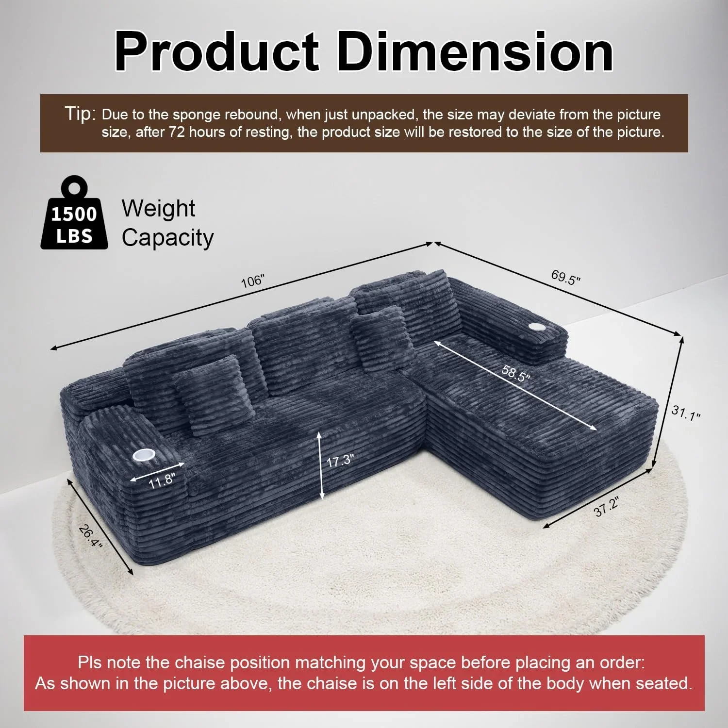 Cloud Sectional Couch with L Shape Chaise Modern Modular Sofa with Deep Seat Built in Cup Holder