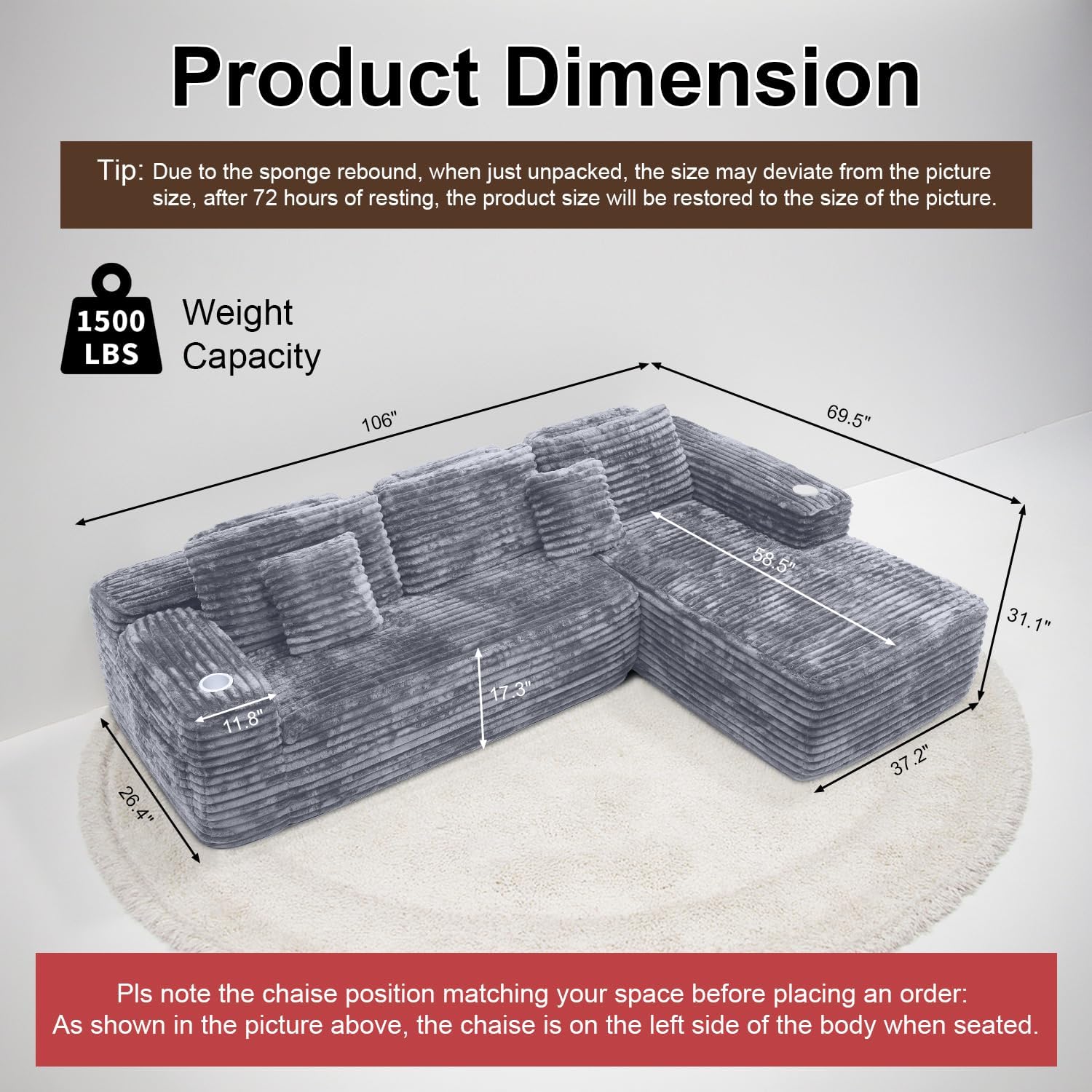 Cloud Sectional Couch with L Shape Chaise Modern Modular Sofa with Deep Seat Built in Cup Holder
