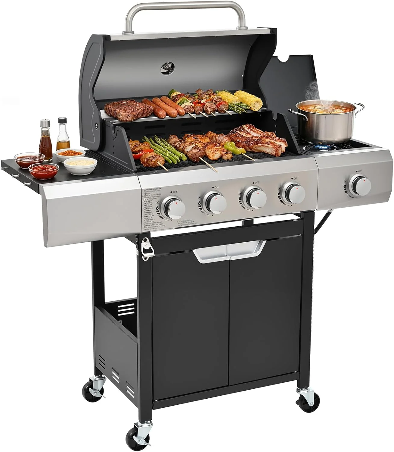 4-Burner Propane Gas BBQ Grill with Side Burner 46500 BTU Output Stainless Steel Barbecue Grill