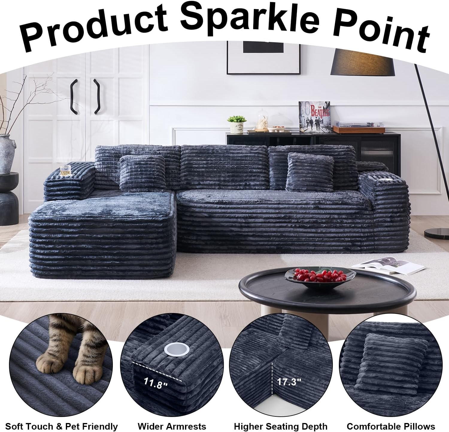 Cloud Sectional Couch with L Shape Chaise Modern Modular Sofa with Deep Seat Built in Cup Holder