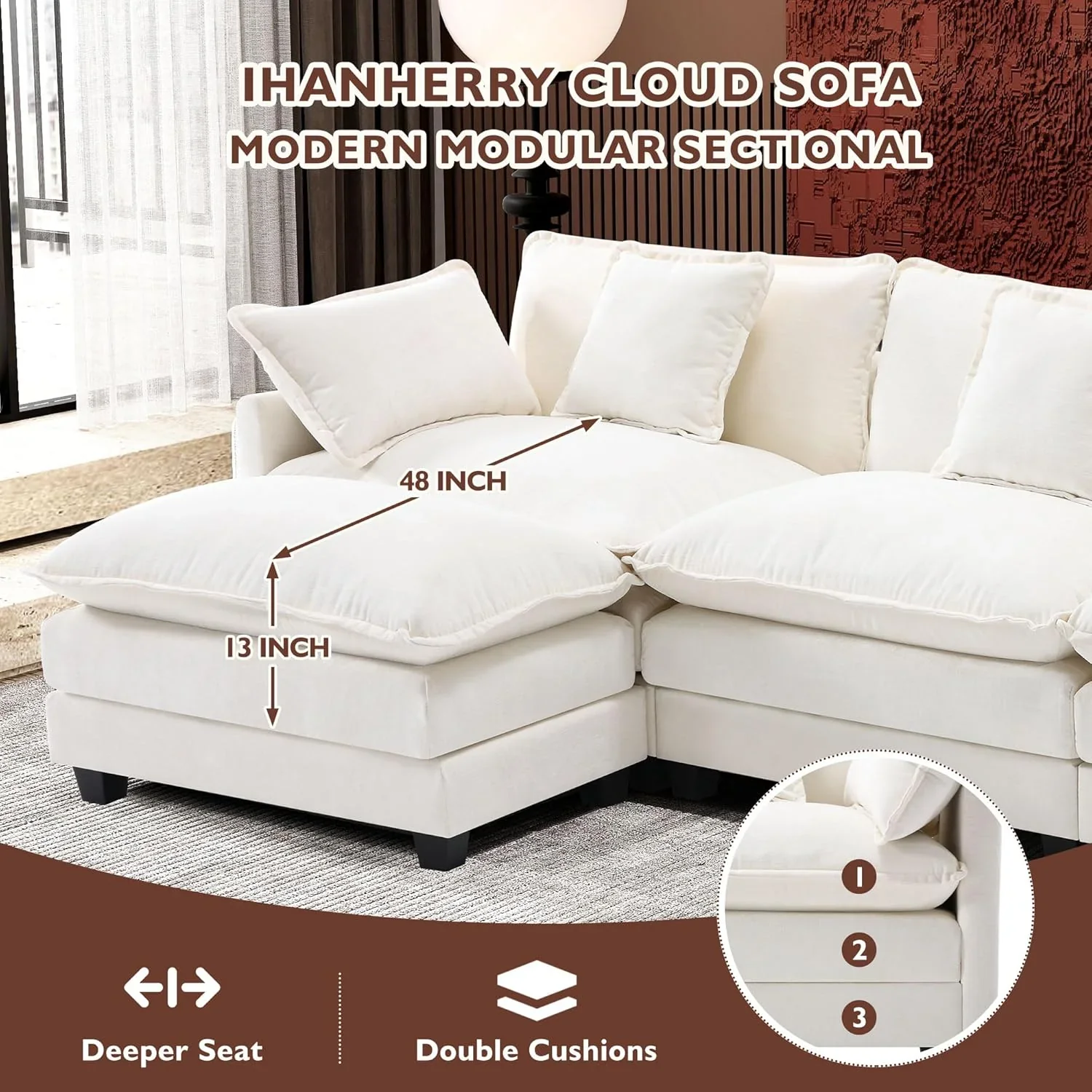 111.4 Inch L Shaped Modern Sofa Modular Cloud Sofa with Ottoman 4 Seater Chenille Deep Seat Sofa