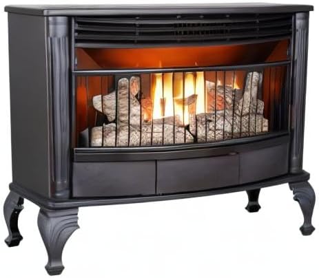 Vent-free 25000 BTU space-saving freestanding dual-fuel fireplace with thermostat control