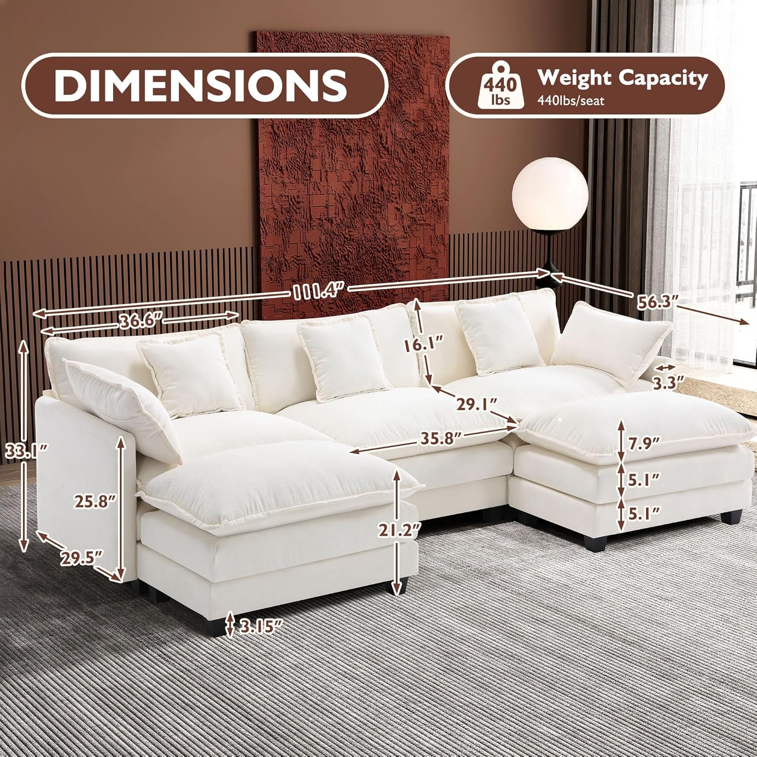 111.4 Inch L Shaped Modern Sofa Modular Cloud Sofa with Ottoman 4 Seater Chenille Deep Seat Sofa