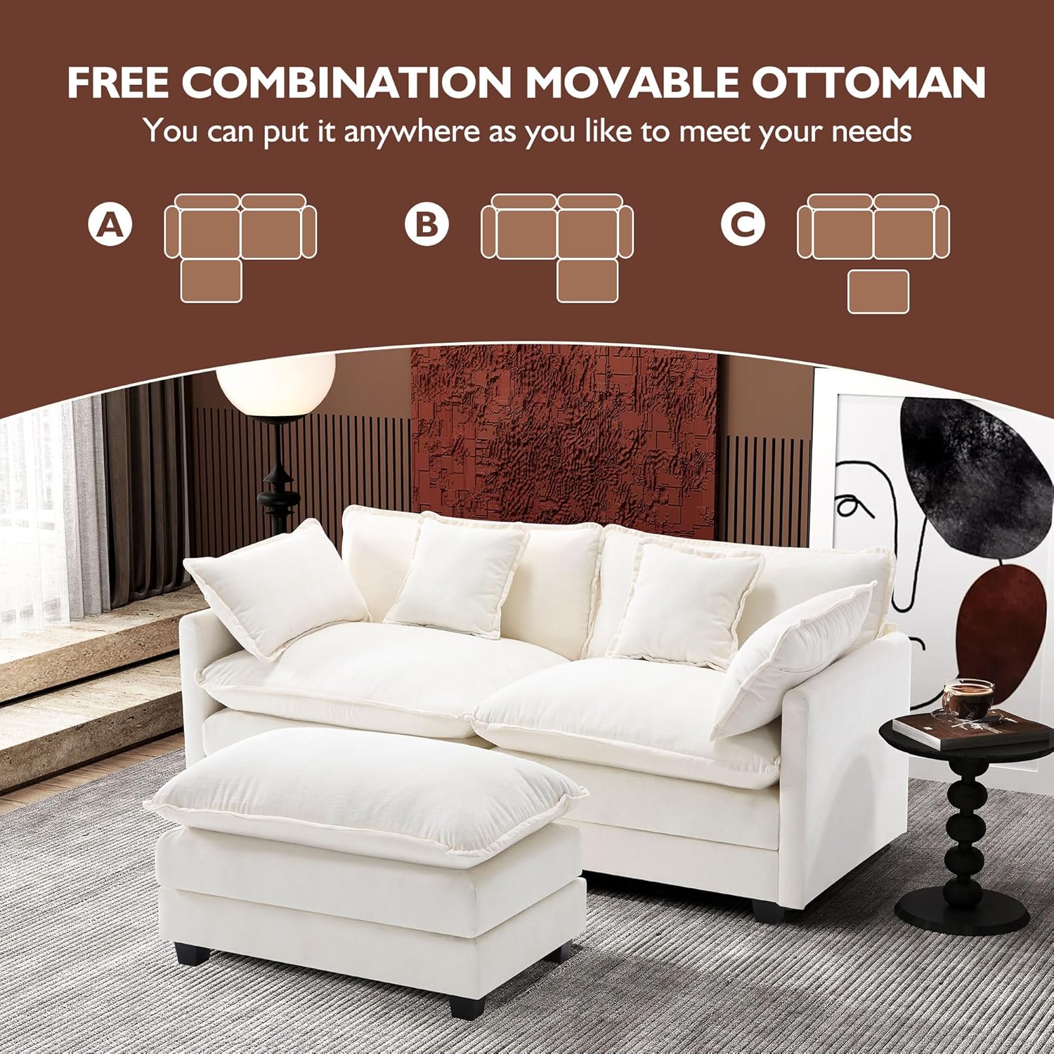 111.4 Inch L Shaped Modern Sofa Modular Cloud Sofa with Ottoman 4 Seater Chenille Deep Seat Sofa