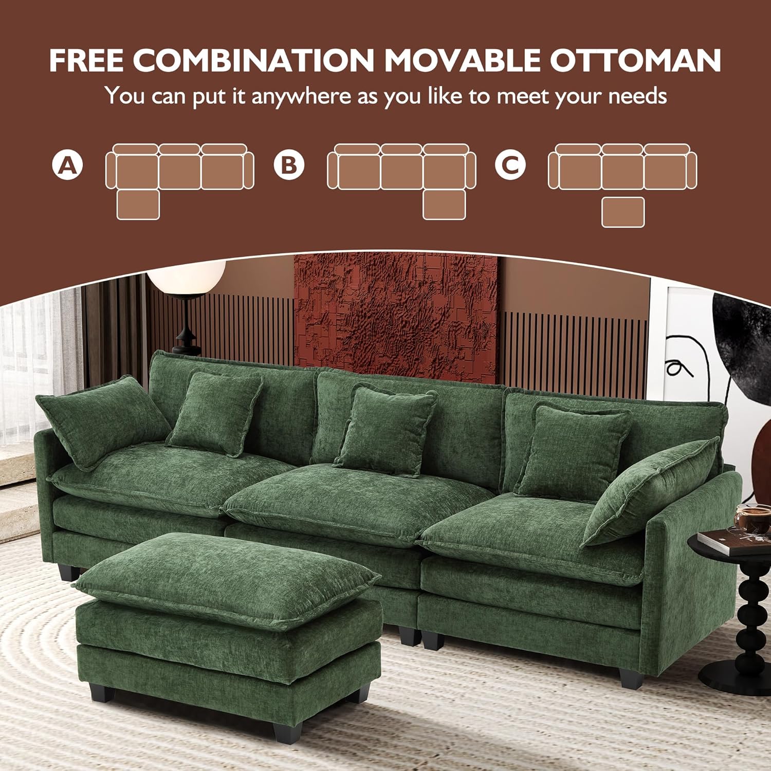 111.4 Inch L Shaped Modern Sofa Modular Cloud Sofa with Ottoman 4 Seater Chenille Deep Seat Sofa