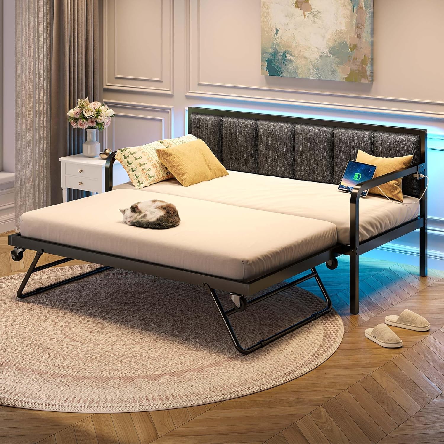 Rolanstar Daybed with Charging Station and LED Lights Height Adjustable Twin Daybed