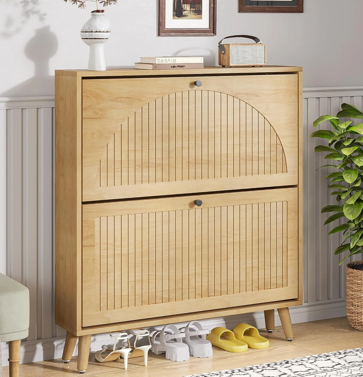 Shoe Storage Cabinet for Entryway with 2 Flip Drawers Narrow Wood Shoe Cabinet with Fluted Panel