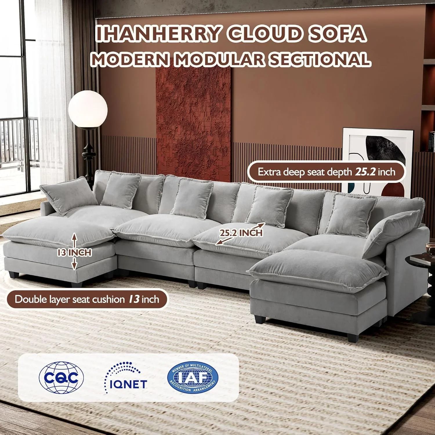 111.4 Inch L Shaped Modern Sofa Modular Cloud Sofa with Ottoman 4 Seater Chenille Deep Seat Sofa