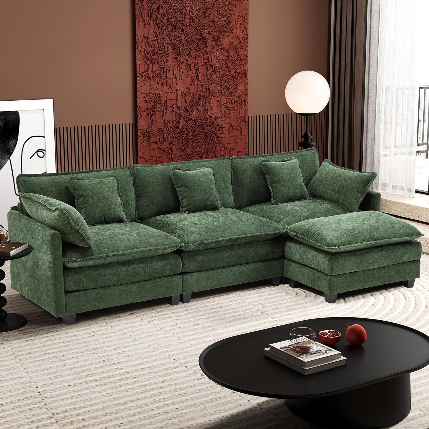 111.4 Inch L Shaped Modern Sofa Modular Cloud Sofa with Ottoman 4 Seater Chenille Deep Seat Sofa