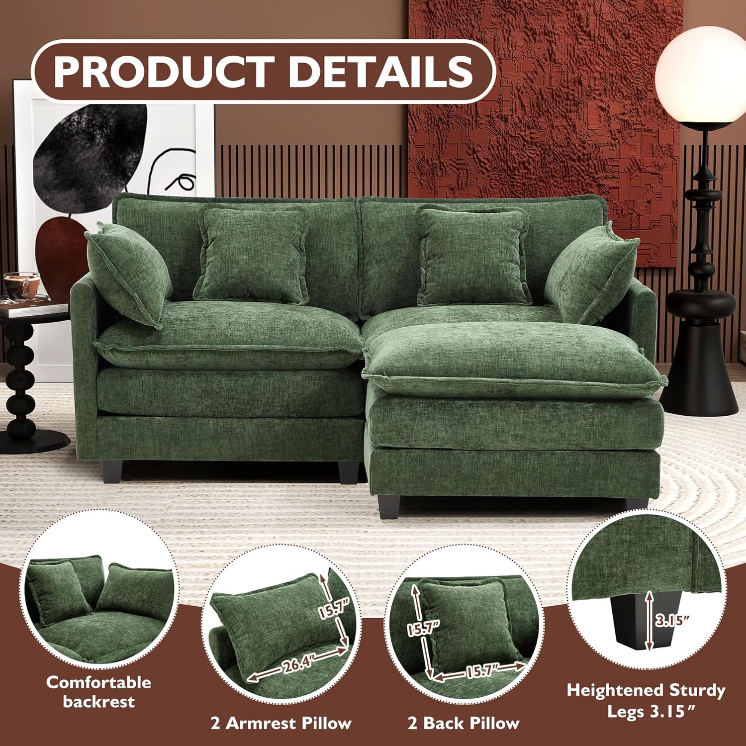 111.4 Inch L Shaped Modern Sofa Modular Cloud Sofa with Ottoman 4 Seater Chenille Deep Seat Sofa