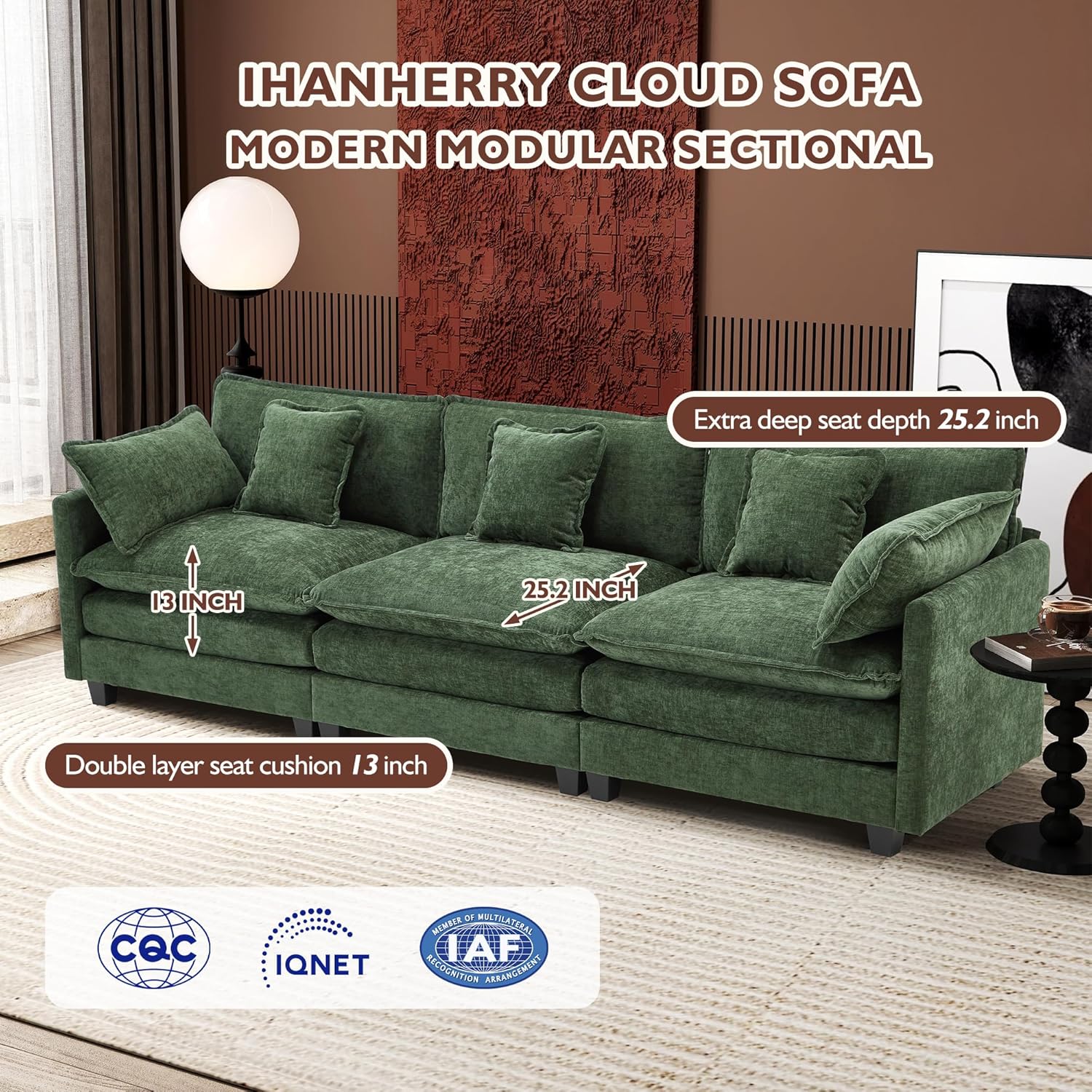 111.4 Inch L Shaped Modern Sofa Modular Cloud Sofa with Ottoman 4 Seater Chenille Deep Seat Sofa