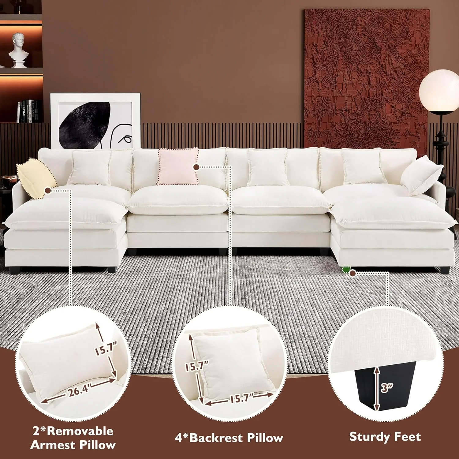 111.4 Inch L Shaped Modern Sofa Modular Cloud Sofa with Ottoman 4 Seater Chenille Deep Seat Sofa