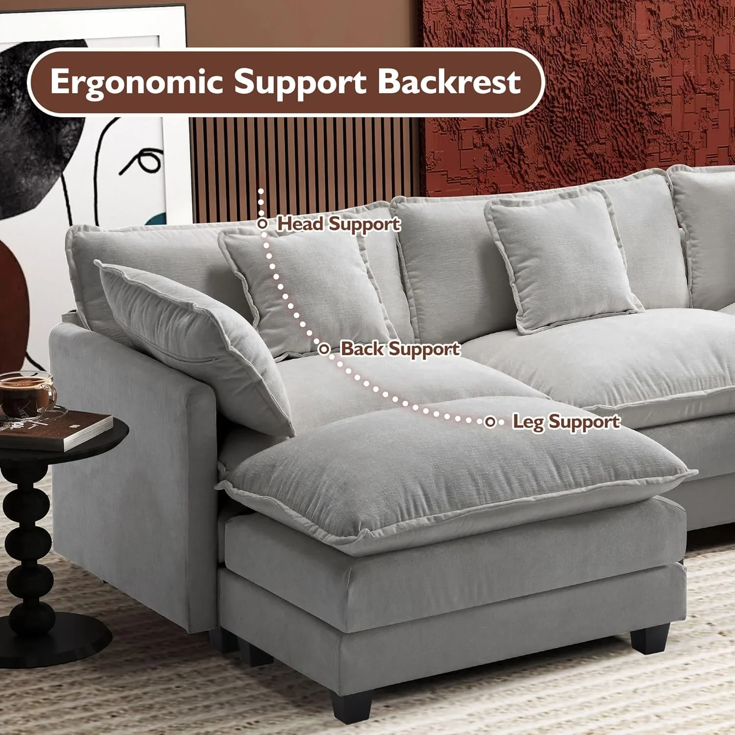 111.4 Inch L Shaped Modern Sofa Modular Cloud Sofa with Ottoman 4 Seater Chenille Deep Seat Sofa