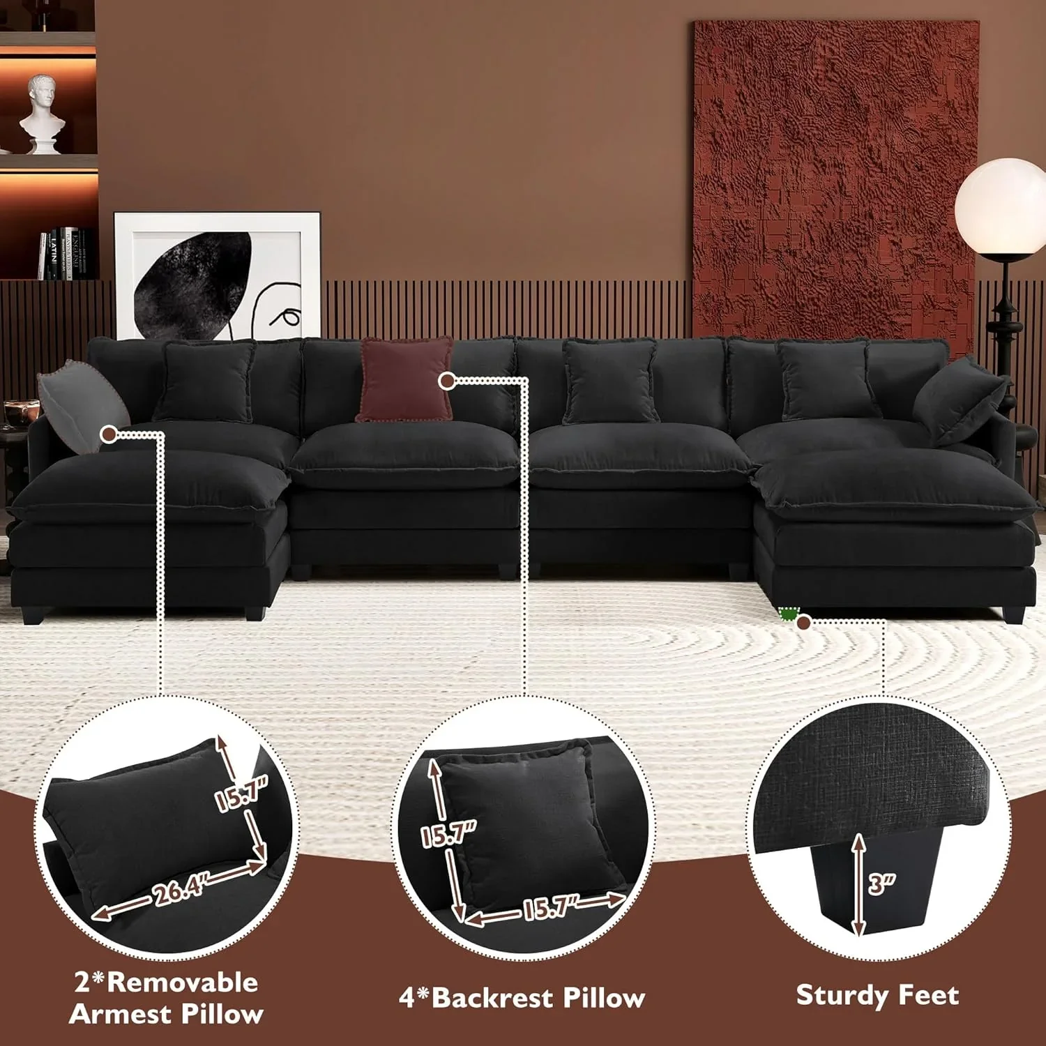 111.4 Inch L Shaped Modern Sofa Modular Cloud Sofa with Ottoman 4 Seater Chenille Deep Seat Sofa