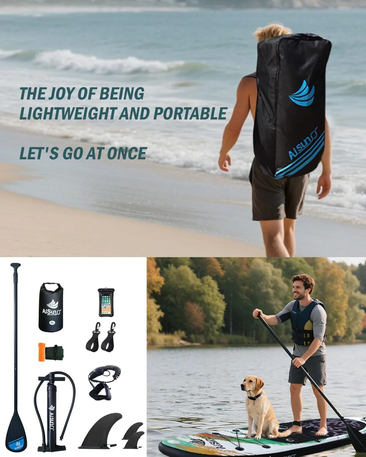 Inflatable wide SUP board with SUP carrying bag hand pump 10L waterproof bag