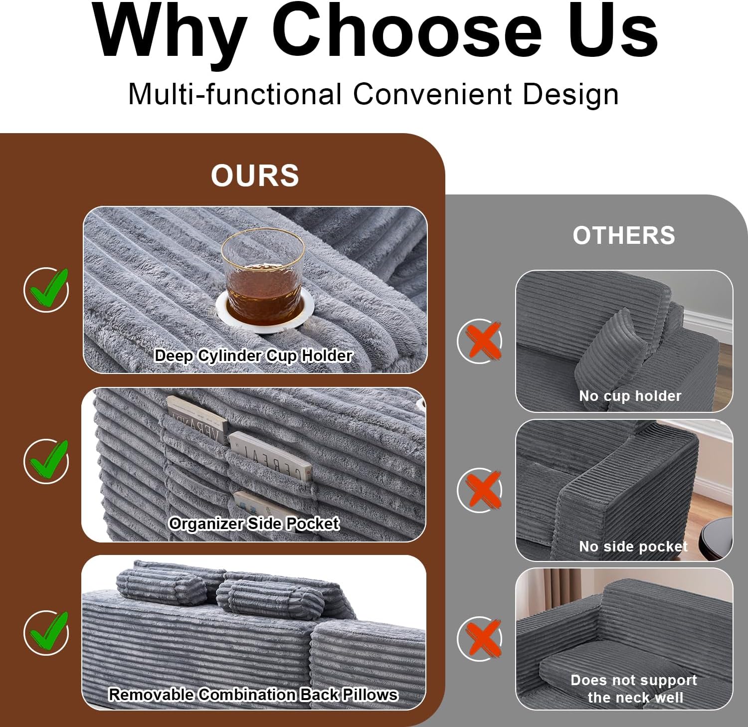 Cloud Sectional Couch with L Shape Chaise Modern Modular Sofa with Deep Seat Built in Cup Holder